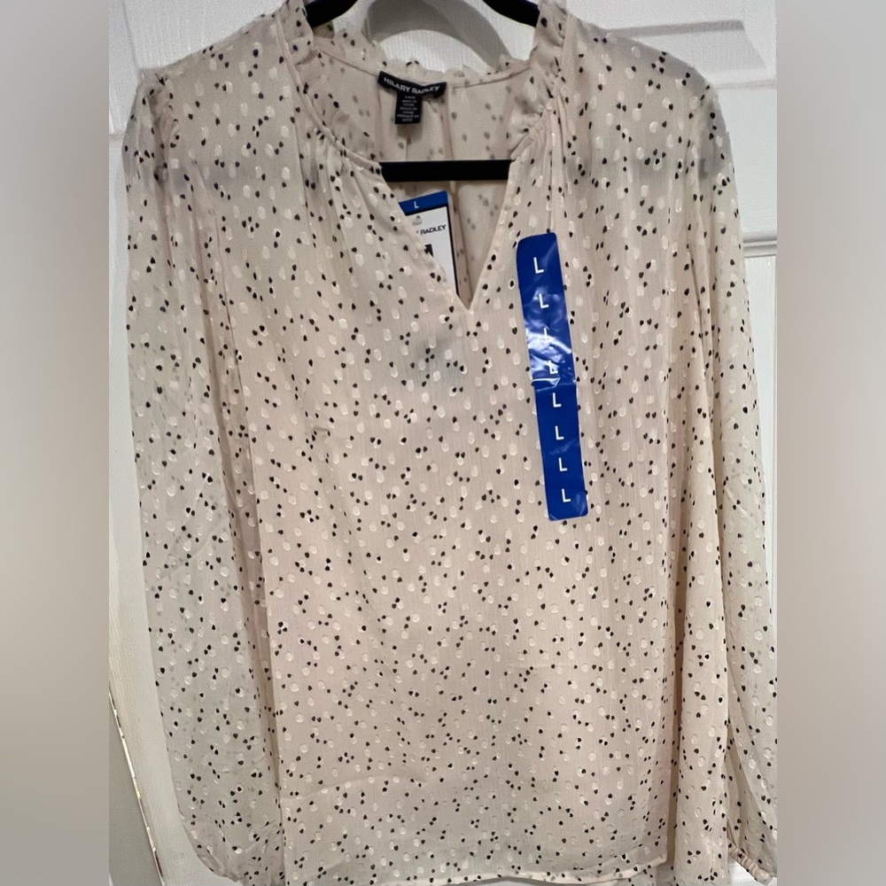 Hilary Radley Cream Blouse with Black Dots. NWT. Size L.